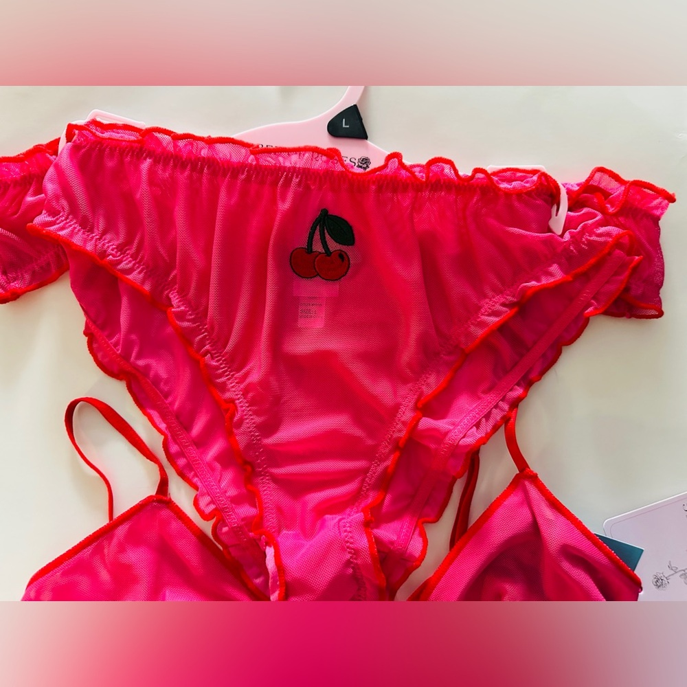 Bed of Roses Bralette Set Lingerie Sexy Cherry Red Embroidered Pink Sz Large NWT - Picture 5 of 6